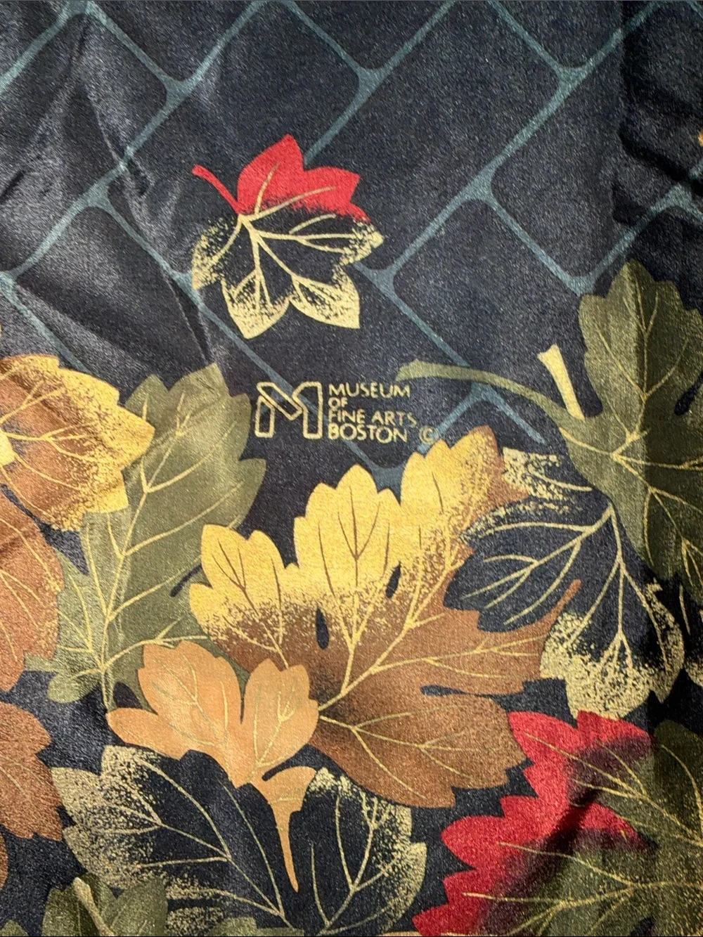 VTG Museum of Fine Arts Boston Autumn Leaves Silk Square Scarf Red Border